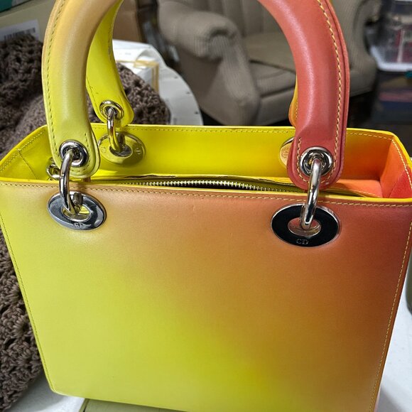 2014 CHRISTIAN DIOR BOX CALFSKIN GRADIENT MEDIUM LADY DIOR YELLOW ORANGE W/STRAP - Picture 14 of 15